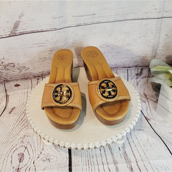 Tory Burch Shoes - Tory Burch Selma 6093 Tan Pebble Leather Wedge Slide Sandals Size 8.5